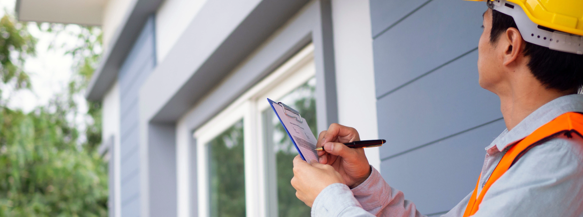 An inspector wearing a hard hat and vest takes notes as he examines the outside of a house.