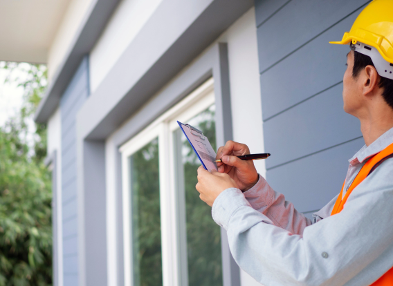 An inspector wearing a hard hat and vest takes notes as he examines the outside of a house.